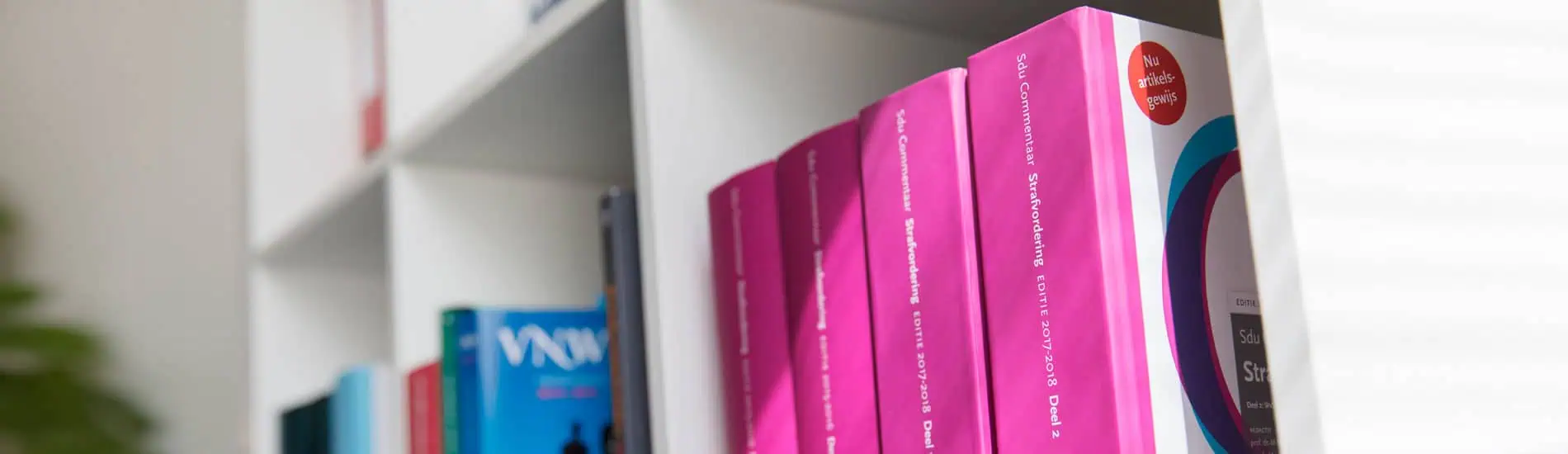 Juridische boeken op een witte boekenkast voor advocatuur.